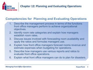 Chapter 12: Planning and Evaluating Operations 
Competencies for Planning and Evaluating Operations 
1. Describe the management process in terms of the functions 
front office managers perform to achieve organizational 
objectives. 
2. Identify room rate categories and explain how managers 
establish room rates. 
3. Discuss issues involved with forecasting room availability and 
apply the ratios and formulas managers use. 
4. Explain how front office managers forecast rooms revenue and 
estimate expenses when budgeting for operations. 
5. Describe how managers use various reports and ratios to 
evaluate front office operations. 
6. Explain what front office managers can do to plan for disasters. 
Managing Front Office Operations PowerPoint 
1 
 