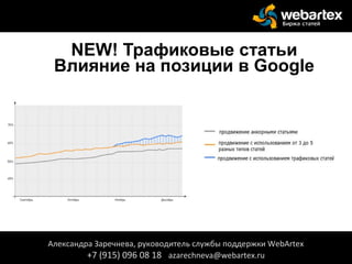 NEW! Трафиковые статьи
Влияние на позиции в Google
Александра Заречнева, руководитель службы поддержки WebArtex
+7 (915) 096 08 18 azarechneva@webartex.ru
 