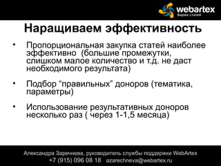 Наращиваем эффективность
• Пропорциональная закупка статей наиболее
эффективно (большие промежутки,
слишком малое количество и т.д. не даст
необходимого результата)
• Подбор “правильных” доноров (тематика,
параметры)
• Использование результативных доноров
несколько раз ( через 1-1,5 месяца)
Александра Заречнева, руководитель службы поддержки WebArtex
+7 (915) 096 08 18 azarechneva@gmail.com
Александра Заречнева, руководитель службы поддержки WebArtex
+7 (915) 096 08 18 azarechneva@webartex.ru
Александра Заречнева, руководитель службы поддержки WebArtex
+7 (915) 096 08 18 azarechneva@webartex.ru
 