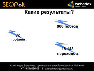 Какие результаты?
Александра Заречнева, руководитель службы поддержки WebArtex
+7 (915) 096 08 18 azarechneva@gmail.com
Александра Заречнева, руководитель службы поддержки WebArtex
+7 (915) 096 08 18 azarechneva@webartex.ru
Александра Заречнева, руководитель службы поддержки WebArtex
+7 (915) 096 08 18 azarechneva@webartex.ru
VK
профили
900 постов
18 148
переходов
 