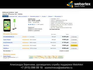 Александра Заречнева, руководитель службы поддержки WebArtex
+7 (915) 096 08 18 azarechneva@gmail.com
Александра Заречнева, руководитель службы поддержки WebArtex
+7 (915) 096 08 18 azarechneva@webartex.ru
 