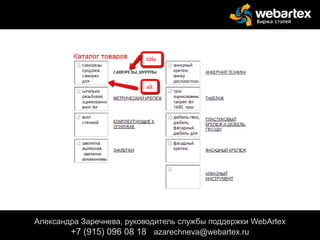 Александра Заречнева, руководитель службы поддержки WebArtex
+7 (915) 096 08 18 azarechneva@gmail.com
Александра Заречнева, руководитель службы поддержки WebArtex
+7 (915) 096 08 18 azarechneva@webartex.ru
 