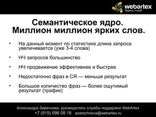 Семантическое ядро.
Миллион миллион ярких слов.
• На данный момент по статистике длина запроса
увеличивается (уже 3-4 слова)
• НЧ запросов большинство
• НЧ продвижение эффективнее и быстрее
• Недостаточно фраз в СЯ — меньше результат
• Большое количество фраз — более ощутимый
результат (трафик)
Александра Заречнева, руководитель службы поддержки WebArtex
+7 (915) 096 08 18 azarechneva@gmail.com
Александра Заречнева, руководитель службы поддержки WebArtex
+7 (915) 096 08 18 azarechneva@webartex.ru
 