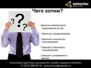 Александра Заречнева, руководитель службы поддержки WebArtex
+7 (915) 096 08 18 azarechneva@gmail.com
- Донести коммерческое
предложение до ЦА
- Увеличить продажи/заказы
- Увеличить количество
пользователей
- Повысить лояльность
пользователей
- Повысить узнаваемость
бренда
Чего хотим?
Александра Заречнева, руководитель службы поддержки WebArtex
+7 (915) 096 08 18 azarechneva@webartex.ru
Александра Заречнева, руководитель службы поддержки WebArtex
+7 (915) 096 08 18 azarechneva@webartex.ru
 