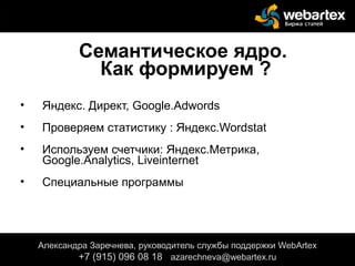 Семантическое ядро.
Как формируем ?
• Яндекс. Директ, Google.Adwords
• Проверяем статистику : Яндекс.Wordstat
• Используем счетчики: Яндекс.Метрика,
Google.Analytics, Liveinternet
• Специальные программы
Александра Заречнева, руководитель службы поддержки WebArtex
+7 (915) 096 08 18 azarechneva@gmail.com
Александра Заречнева, руководитель службы поддержки WebArtex
+7 (915) 096 08 18 azarechneva@webartex.ru
 