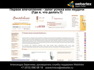 Александра Заречнева, руководитель службы поддержки WebArtex
+7 (915) 096 08 18 azarechneva@gmail.com
Александра Заречнева, руководитель службы поддержки WebArtex
+7 (915) 096 08 18 azarechneva@webartex.ru
Первое впечатление - залог успеха или неудачи
(Где я, что делать?)
 