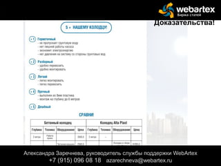 Александра Заречнева, руководитель службы поддержки WebArtex
+7 (915) 096 08 18 azarechneva@gmail.com
Доказательства!
Александра Заречнева, руководитель службы поддержки WebArtex
+7 (915) 096 08 18 azarechneva@webartex.ru
 