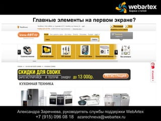 Александра Заречнева, руководитель службы поддержки WebArtex
+7 (915) 096 08 18 azarechneva@webartex.ru
Главные элементы на первом экране?
 