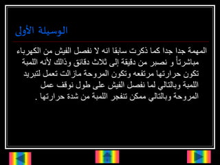 ‫الوسيلة‬
‫األولى‬
‫الك‬ ‫من‬ ‫الفيش‬ ‫نفصل‬ ‫ال‬ ‫انه‬ ‫سابقا‬ ‫ذكرت‬ ‫كما‬ ‫جدا‬ ‫جدا‬ ‫المهمة‬
‫هرباء‬
ً‫مباشرتأ‬
‫و‬
‫ألن‬ ‫وذالك‬ ‫دقائق‬ ‫ثالث‬ ‫إلى‬ ‫دقيقة‬ ‫من‬ ‫نصبر‬
‫اللمبة‬ ‫ه‬
‫المروحة‬ ‫وتكون‬ ‫مرتفعه‬ ‫حرارتها‬ ‫تكون‬
‫لتب‬ ‫تعمل‬ ‫مازالت‬
‫ريد‬
‫عم‬ ‫نوقف‬ ‫طول‬ ‫على‬ ‫الفيش‬ ‫نفصل‬ ‫لما‬ ‫وبالتالي‬ ‫اللمبة‬
‫ل‬
‫حرارتها‬ ‫شدة‬ ‫من‬ ‫اللمبة‬ ‫تنفجر‬ ‫ممكن‬ ‫وبالتالي‬ ‫المروحة‬
.
 