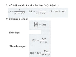 Ex.4.7 A first-order transfer function G(s)=K/(τs+1)
＊ Consider a form of
If the input is set as
Then the output
 