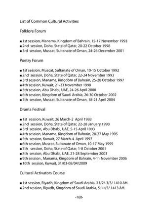 -160-
List of Common Cultural Activities
Folklore Forum
1st session, Manama, Kingdom of Bahrain, 15-17 November 1993
2nd session, Doha, State of Qatar, 20-22 October 1998
3rd session, Muscat, Sultanate of Oman, 24-26 December 2001
Poetry Forum
1st session, Muscat, Sultanate of Oman, 10-15 October 1992
2nd session, Doha, State of Qatar, 22-24 November 1993
3rd session, Manama, Kingdom of Bahrain, 25-28 October 1997
4th session, Kuwait, 21-23 November 1998
5th session, Abu Dhabi, UAE, 24-26 April 2000
6th session, Kingdom of Saudi Arabia, 26-30 October 2002
7th session, Muscat, Sultanate of Oman, 18-21 April 2004
Drama Festival
1st session, Kuwait, 26 March-2 April 1988
2nd session, Doha, State of Qatar, 22-28 January 1990
3rd session, Abu Dhabi, UAE, 5-15 April 1993
4th session, Manama, Kingdom of Bahrain, 20-27 May 1995
5th session, Kuwait, 27 March-4 April 1997
6th session, Muscat, Sultanate of Oman, 10-17 May 1999
7th session, Doha, State of Qatar, 1-8 October 2001
8th session, Abu Dhabi, UAE, 21-28 September 2003
9th session , Manama, Kingdom of Bahrain, 4-11 November 2006
10th session, Kuwait, 31/03-08/04/2009
Cultural Activators Course
1st session, Riyadh, Kingdom of Saudi Arabia, 23/2/-3/3/ 1410 AH.
2nd session, Riyadh, Kingdom of Saudi Arabia, 5-11/5/ 1413 AH.
 