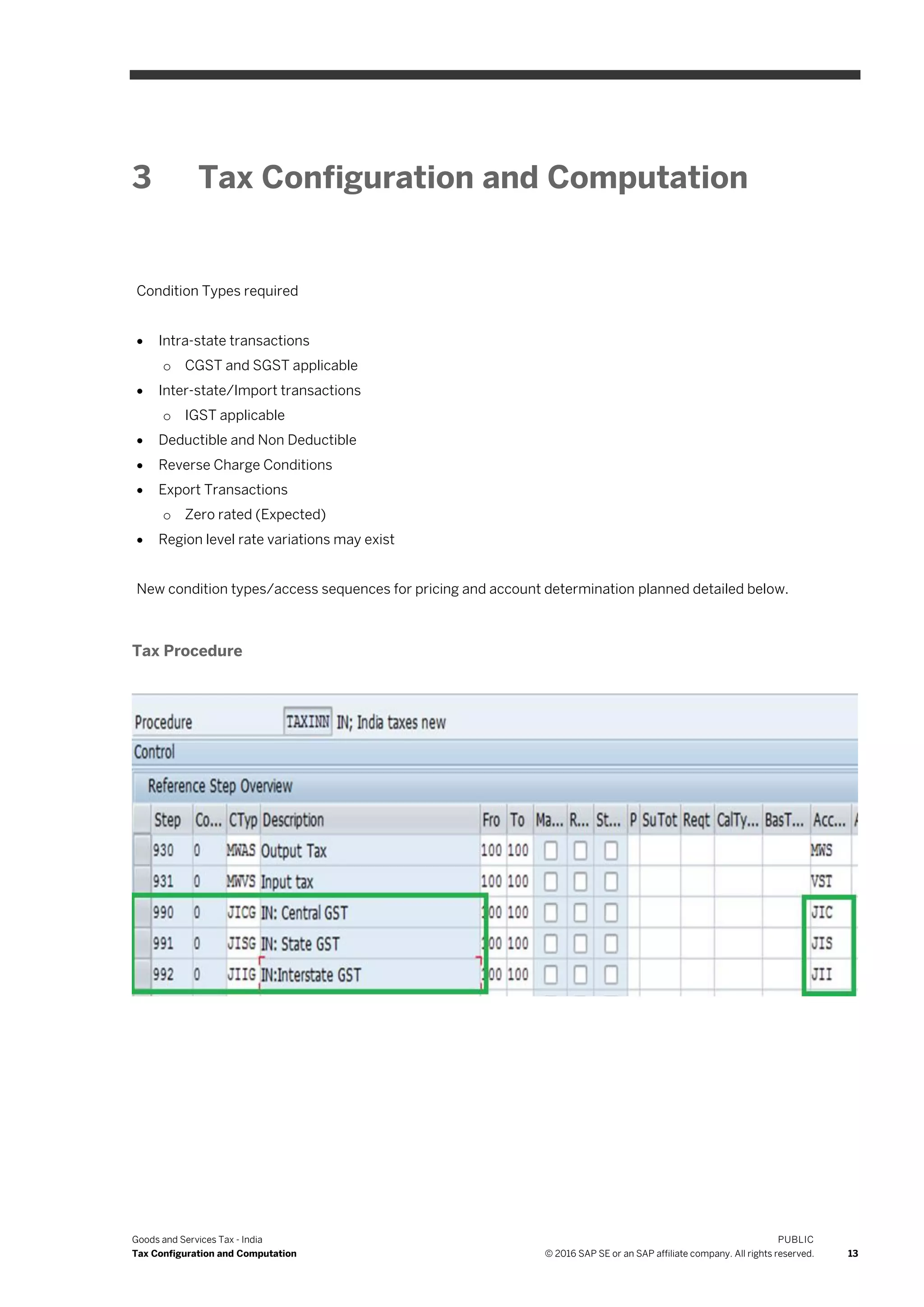 Goods and Services Tax - India
Tax Configuration and Computation
PUBLIC
© 2016 SAP SE or an SAP affiliate company. All rights reserved. 13
3 Tax Configuration and Computation
Condition Types required
 Intra-state transactions
o CGST and SGST applicable
 Inter-state/Import transactions
o IGST applicable
 Deductible and Non Deductible
 Reverse Charge Conditions
 Export Transactions
o Zero rated (Expected)
 Region level rate variations may exist
New condition types/access sequences for pricing and account determination planned detailed below.
Tax Procedure
 