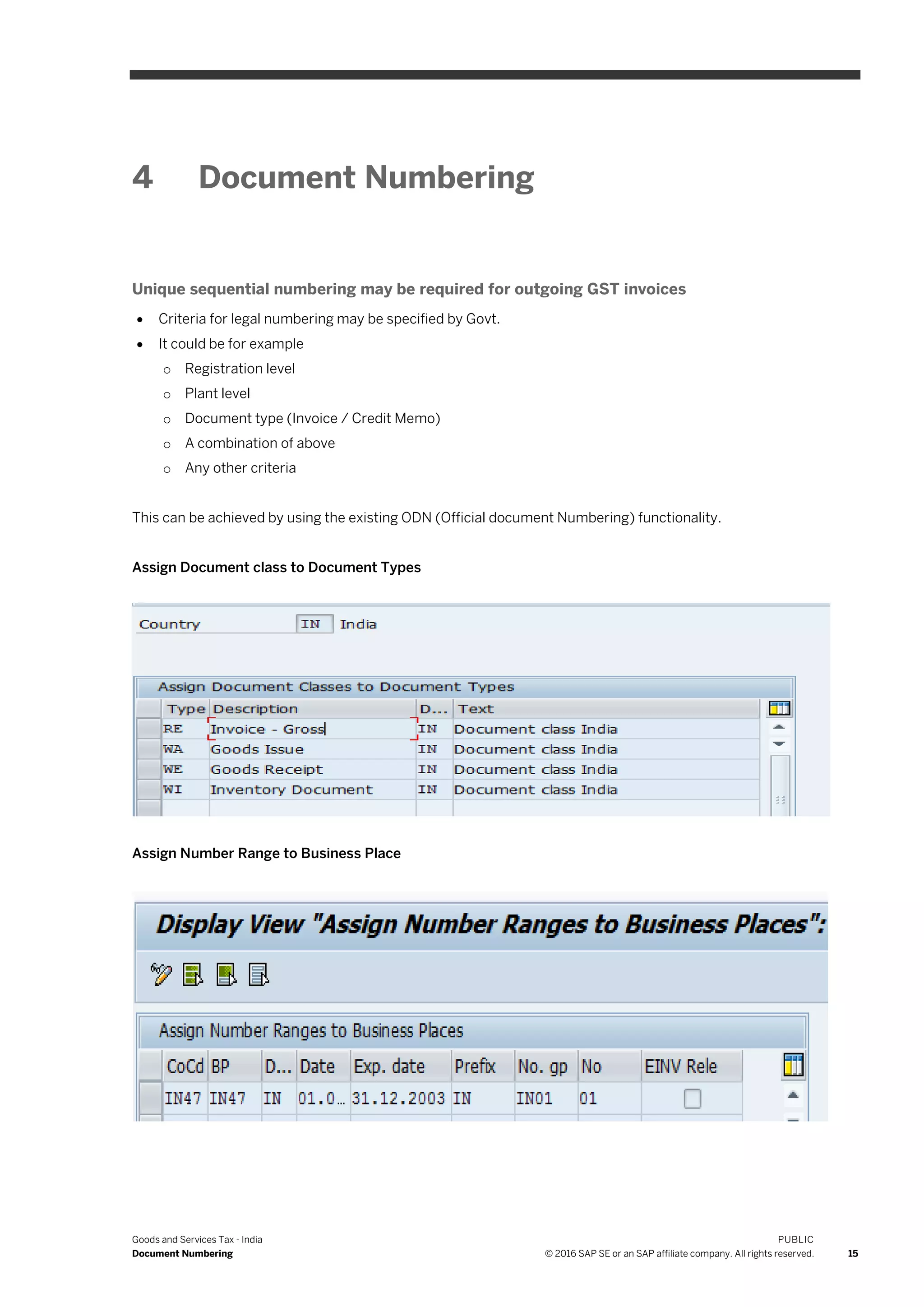 Goods and Services Tax - India
Document Numbering
PUBLIC
© 2016 SAP SE or an SAP affiliate company. All rights reserved. 15
4 Document Numbering
Unique sequential numbering may be required for outgoing GST invoices
 Criteria for legal numbering may be specified by Govt.
 It could be for example
o Registration level
o Plant level
o Document type (Invoice / Credit Memo)
o A combination of above
o Any other criteria
This can be achieved by using the existing ODN (Official document Numbering) functionality.
Assign Document class to Document Types
Assign Number Range to Business Place
 