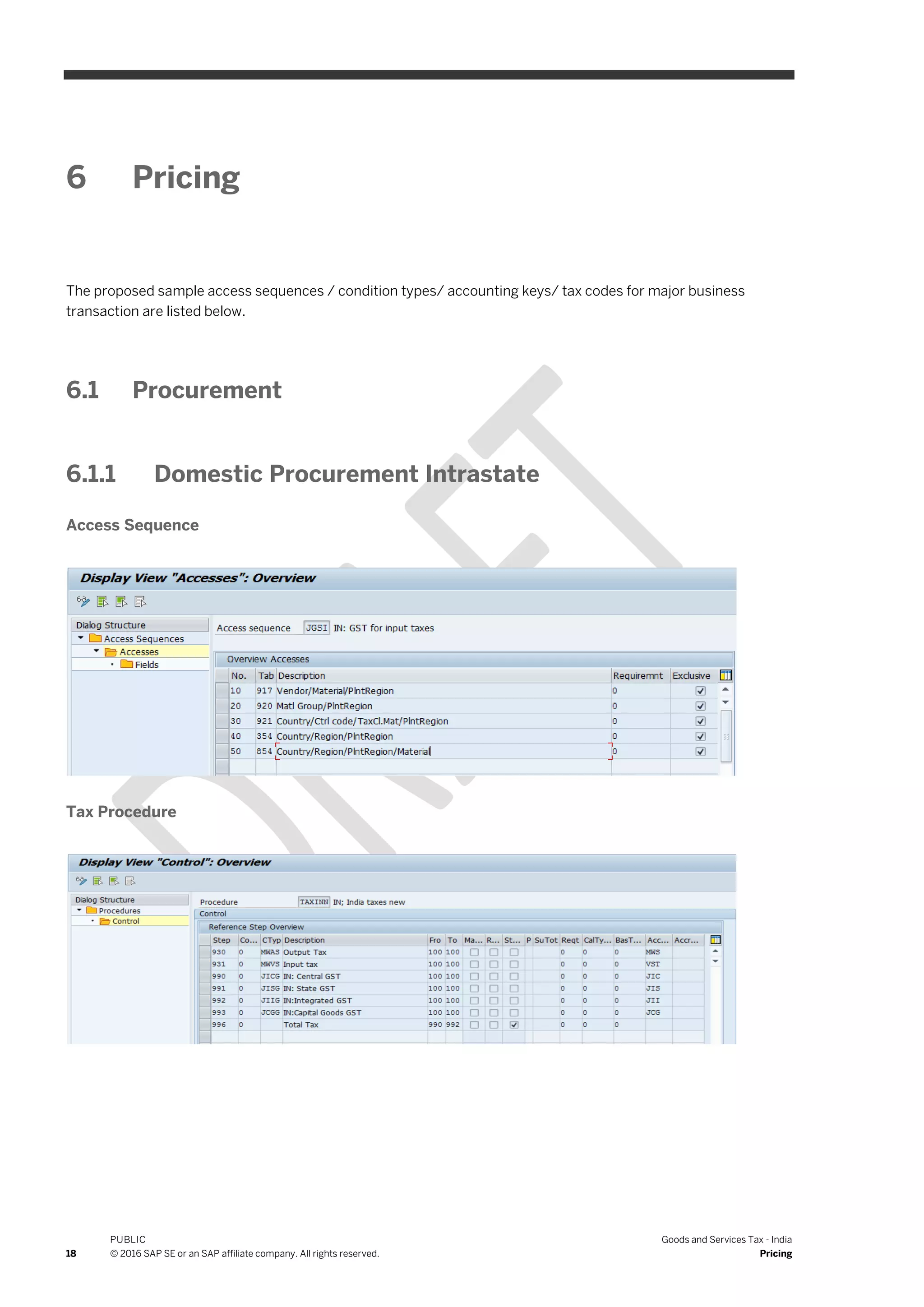 18
PUBLIC
© 2016 SAP SE or an SAP affiliate company. All rights reserved.
Goods and Services Tax - India
Pricing
6 Pricing
The proposed sample access sequences / condition types/ accounting keys/ tax codes for major business
transaction are listed below.
6.1 Procurement
6.1.1 Domestic Procurement Intrastate
Access Sequence
Tax Procedure
 