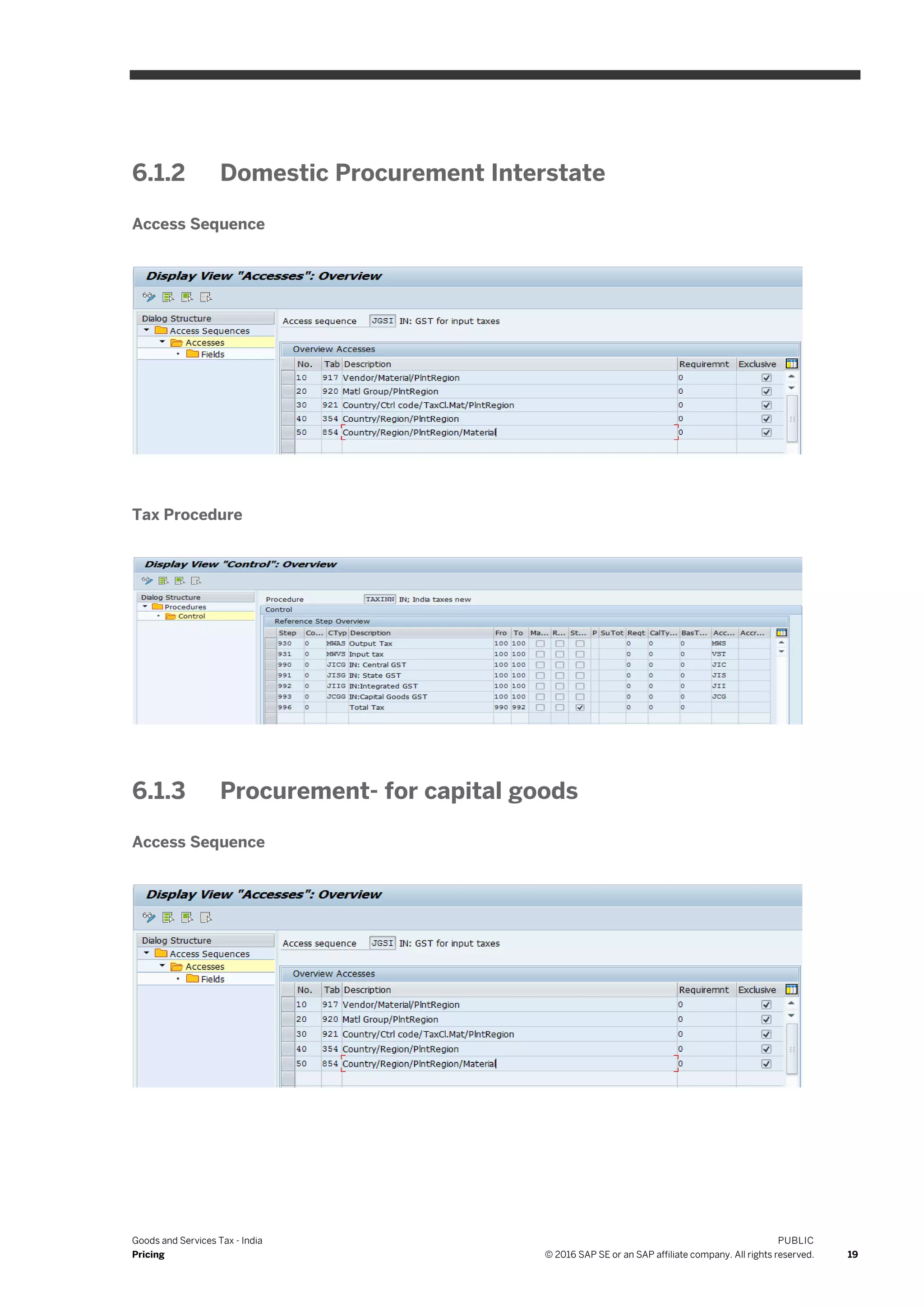 Goods and Services Tax - India
Pricing
PUBLIC
© 2016 SAP SE or an SAP affiliate company. All rights reserved. 19
6.1.2 Domestic Procurement Interstate
Access Sequence
Tax Procedure
6.1.3 Procurement- for capital goods
Access Sequence
 