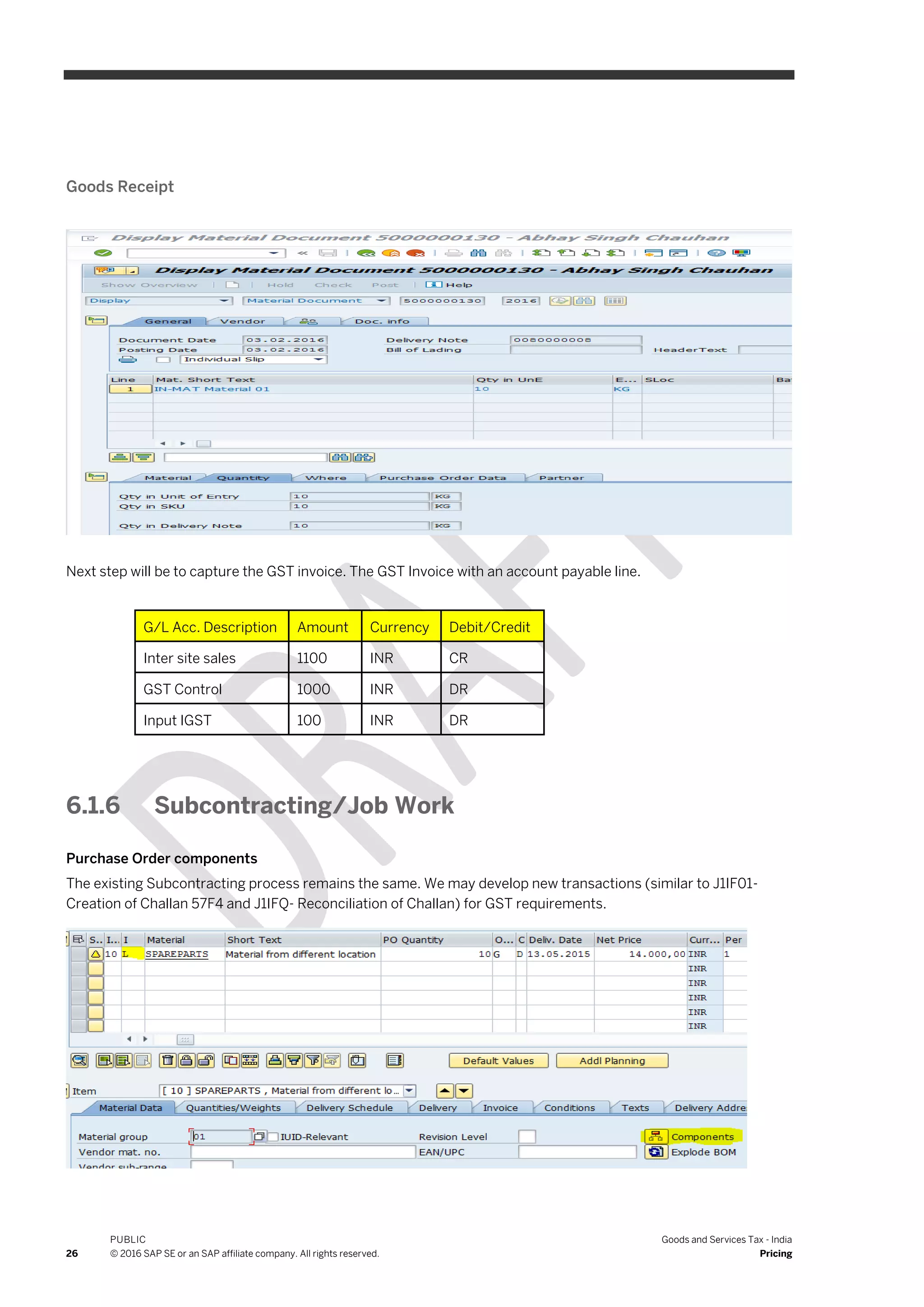 26
PUBLIC
© 2016 SAP SE or an SAP affiliate company. All rights reserved.
Goods and Services Tax - India
Pricing
Goods Receipt
Next step will be to capture the GST invoice. The GST Invoice with an account payable line.
G/L Acc. Description Amount Currency Debit/Credit
Inter site sales 1100 INR CR
GST Control 1000 INR DR
Input IGST 100 INR DR
6.1.6 Subcontracting/Job Work
Purchase Order components
The existing Subcontracting process remains the same. We may develop new transactions (similar to J1IF01-
Creation of Challan 57F4 and J1IFQ- Reconciliation of Challan) for GST requirements.
 