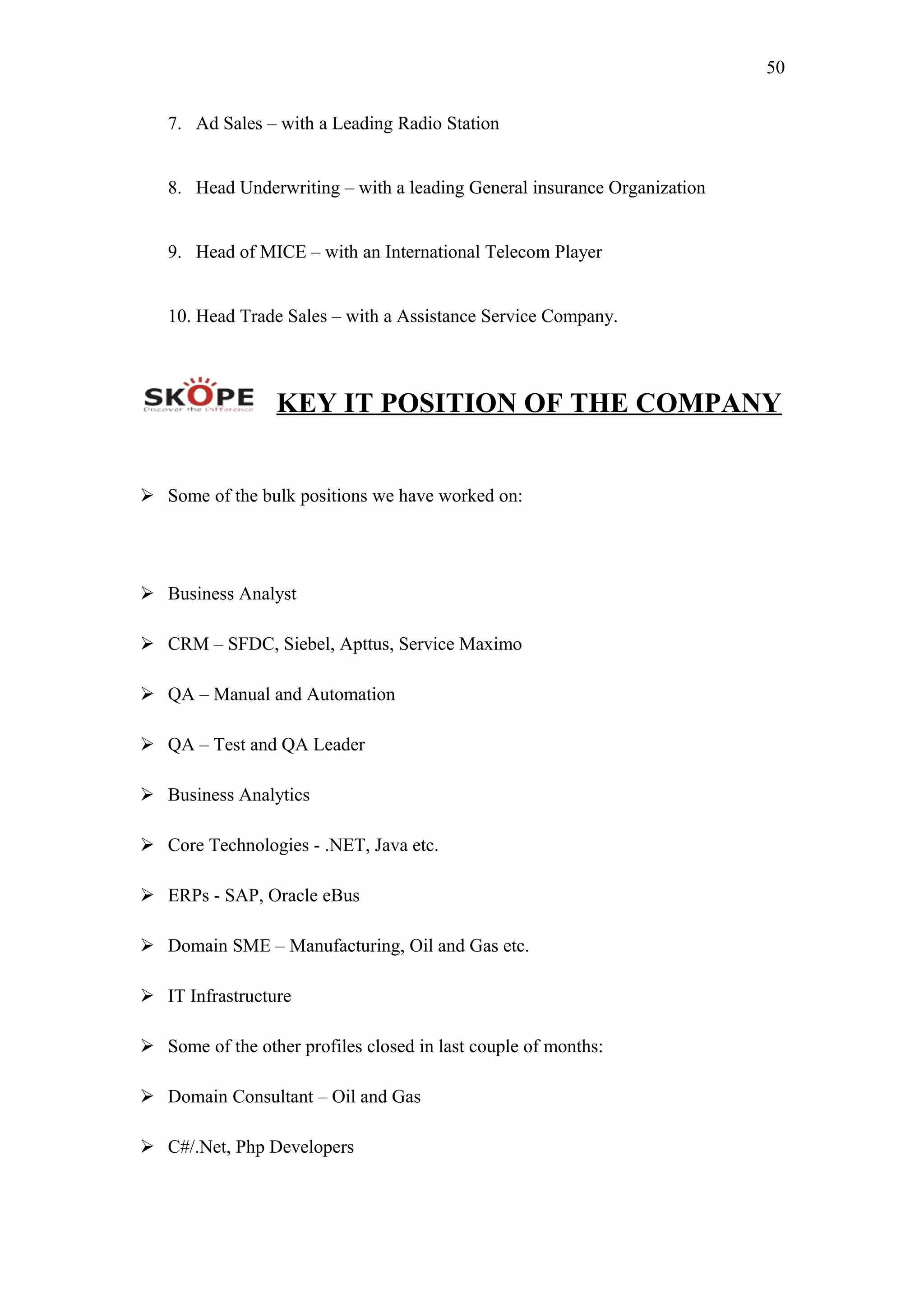 50
7. Ad Sales – with a Leading Radio Station
8. Head Underwriting – with a leading General insurance Organization
9. Head of MICE – with an International Telecom Player
10. Head Trade Sales – with a Assistance Service Company.
KEY IT POSITION OF THE COMPANY
 Some of the bulk positions we have worked on:
 Business Analyst
 CRM – SFDC, Siebel, Apttus, Service Maximo
 QA – Manual and Automation
 QA – Test and QA Leader
 Business Analytics
 Core Technologies - .NET, Java etc.
 ERPs - SAP, Oracle eBus
 Domain SME – Manufacturing, Oil and Gas etc.
 IT Infrastructure
 Some of the other profiles closed in last couple of months:
 Domain Consultant – Oil and Gas
 C#/.Net, Php Developers
 
