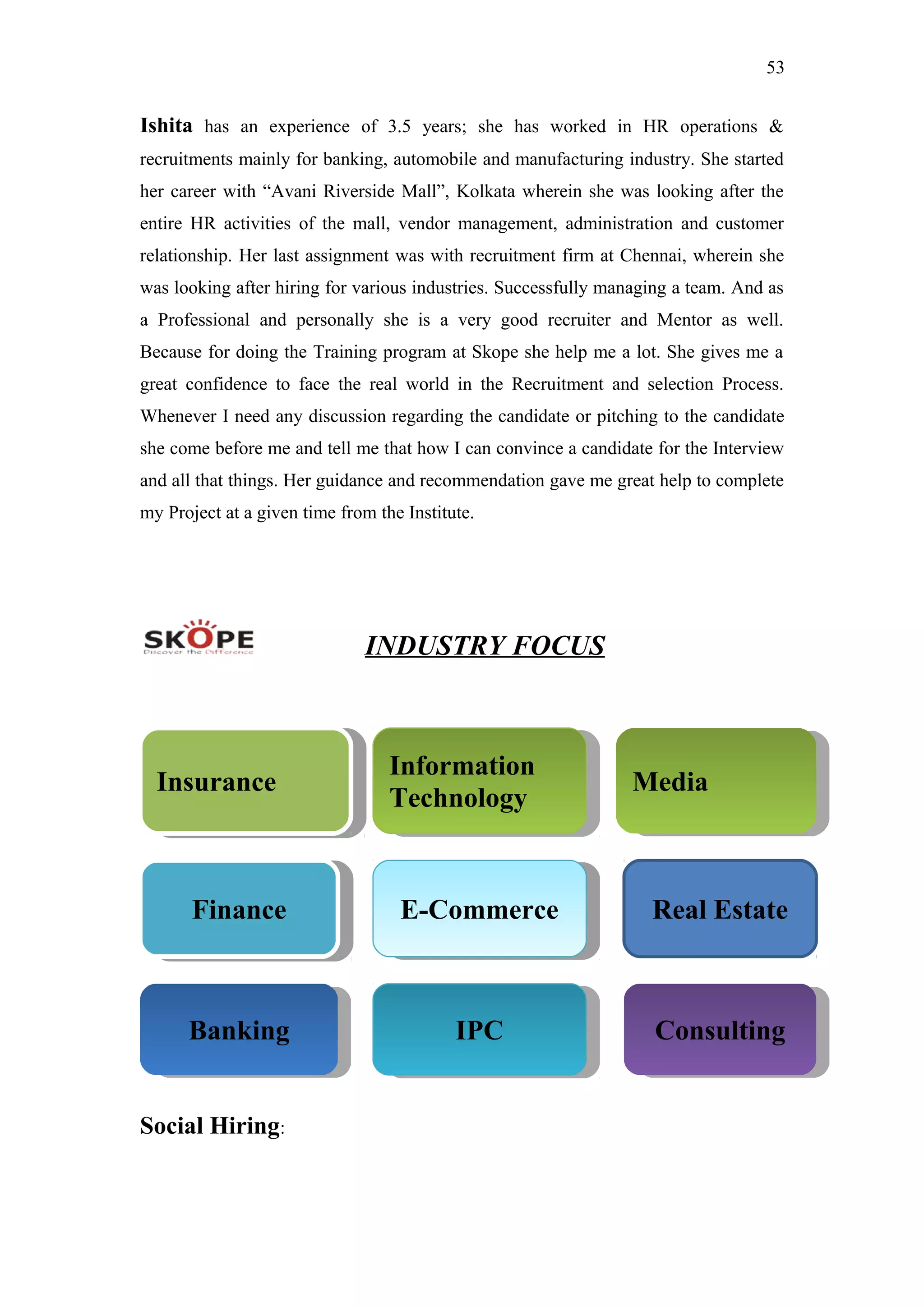 53
Ishita has an experience of 3.5 years; she has worked in HR operations &
recruitments mainly for banking, automobile and manufacturing industry. She started
her career with “Avani Riverside Mall”, Kolkata wherein she was looking after the
entire HR activities of the mall, vendor management, administration and customer
relationship. Her last assignment was with recruitment firm at Chennai, wherein she
was looking after hiring for various industries. Successfully managing a team. And as
a Professional and personally she is a very good recruiter and Mentor as well.
Because for doing the Training program at Skope she help me a lot. She gives me a
great confidence to face the real world in the Recruitment and selection Process.
Whenever I need any discussion regarding the candidate or pitching to the candidate
she come before me and tell me that how I can convince a candidate for the Interview
and all that things. Her guidance and recommendation gave me great help to complete
my Project at a given time from the Institute.
INDUSTRY FOCUS
Social Hiring:
InsuranceInsurance Information
Technology
Information
Technology MediaMedia
FinanceFinance E-CommerceE-Commerce Real Estate
BankingBanking IPCIPC ConsultingConsulting
 