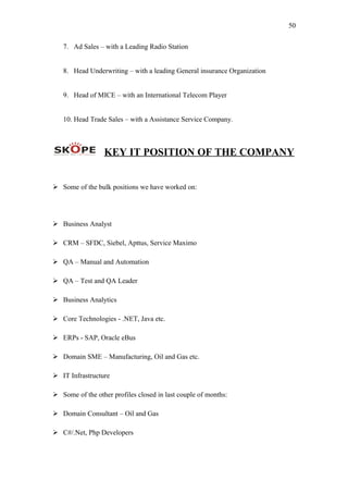50
7. Ad Sales – with a Leading Radio Station
8. Head Underwriting – with a leading General insurance Organization
9. Head of MICE – with an International Telecom Player
10. Head Trade Sales – with a Assistance Service Company.
KEY IT POSITION OF THE COMPANY
 Some of the bulk positions we have worked on:
 Business Analyst
 CRM – SFDC, Siebel, Apttus, Service Maximo
 QA – Manual and Automation
 QA – Test and QA Leader
 Business Analytics
 Core Technologies - .NET, Java etc.
 ERPs - SAP, Oracle eBus
 Domain SME – Manufacturing, Oil and Gas etc.
 IT Infrastructure
 Some of the other profiles closed in last couple of months:
 Domain Consultant – Oil and Gas
 C#/.Net, Php Developers
 