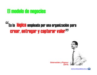 Es la empleada por una organización
El modelo de negocios
crear, entregar y capturar valor
“
”
lógica para
aramis.rodriguez@iesa.edu.ve
Osterwalder y Pigneur
(2010)
”
 