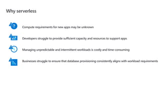 Why serverless
Compute requirements for new apps may be unknown
Developers struggle to provide sufficient capacity and resources to support apps
Managing unpredictable and intermittent workloads is costly and time-consuming
Businesses struggle to ensure that database provisioning consistently aligns with workload requirements
?
 