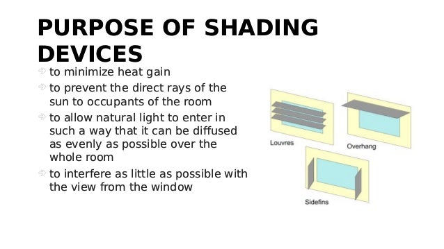 PURPOSE OF SHADING
DEVICES
PURPOSE OF SHADING
DEVICES
 to minimize heat gain
 to prevent the direct rays of the
sun to occupants of the room
 to allow natural light to enter in
such a way that it can be diffused
as evenly as possible over the
whole room
 to interfere as little as possible with
the view from the window
 to minimize heat gain
 to prevent the direct rays of the
sun to occupants of the room
 to allow natural light to enter in
such a way that it can be diffused
as evenly as possible over the
whole room
 to interfere as little as possible with
the view from the window
 
