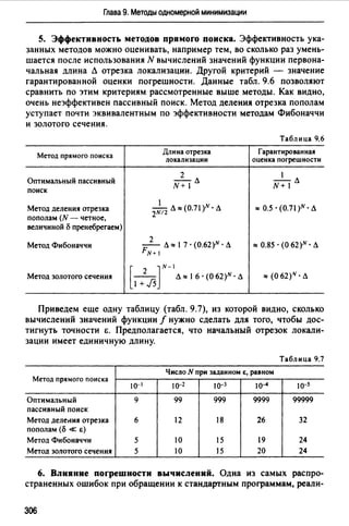 Глава 9. Методы одномерной минимизации
5. Эффективность методов прямого поиска. Эффективность ука­
занных методов можно оценивать, например тем, во сколько раз умень­
шается после использования N вычислений значений функции первона­
чальная длина Л отрезка локализации. Другой критерий - значение
гарантированной оценки погрешности. Данные табл. 9.6 позволяют
сравнить по этим критериям рассмотренные выше методы. Как видно,
очень неэффективен пассивный поиск. Метод деления отрезка пополам
уступает почти эквивалентным по эффективности методам Фибоначчи
и золотого сечения.
Метод прямого поиска
Оптимальный пассивный
поиск
Метод деления отрезка
пополам (N - четное,
величиной 8 пренебрегаем)
Метод Фибоначчи
Метод золотого сечения
Длина отрезка
локализации
2
N+lЛ
2
- - Л ::о 1 7 • (0.62)N • Л
FN+I
- 2 - Л"'16·(062)N•Л[ ]
N- 1
1+Л
Таблица 9.6
Гарантированная
оценка погрешности
"' 0.5 • (0.71 )N • Л
"'0.85 • (062)N • Л
"' (О 62)" · Л
Приведем еще одну таблицу (табл. 9.7), из которой видно, сколько
вычислений значений функции f нужно сделать для того, чтобы дос­
тигнуть точности Е. Предполагается, что начальный отрезок локали­
зации имеет единичную длину.
Таблица 9.7
Метод прямого поиска
Число N при заданном Е, равном
10-1 10-2 10-3 I0-4 10-s
Оптимальный 9 99 999 9999 99999
пассивный поиск
Метод деле.~ия отрезка 6 12 18 26 32
пополам (8 « Е)
Метод Фибоначчи 5 10 15 19 24
Метод золотого сечения 5 10 15 20 24
6. Влияние погрешности вычислений. Одна из самых распро­
страненных ошибок при обращении к стандартным программам, реали-
306
 