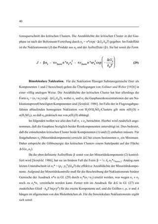 36
Abb. 7 Phasendiagramm des binären Systems H O/H SO nach Gable et al. [1950]. Die Ab-2 2 4
kürzungen bedeuten: SAH (Hemihexahydrat), SAT (Tetrahydrat), SATr (Trihydrat), SAD (Di-
hydrat) und SAM (Monohydrat).
(25)
Hierbei ist µ das chemische Potential der Komponente i in der flüssigen Phase. Die im Expo-i
nentialausdruck von Gl. (25) auftretenden Differenzen werden als relative chemische Potentiale
(µ ) bezeichnet. Weiterhin ist es allgemein üblich, die chemischen Potentiale (µ (T, x = 1)) derrel
i i
Reinkomponenten auf die entsprechenden Werte bei 298,15 K zu normieren. Es gilt also
µ (298,15 K, x = 1) = 0 [Zeleznik, 1991].i i
Gleichgewicht fest/flüssig. Bei binären Festphasen A#n B (z.B. H SO #n H O) hinge-2 4 2
gen ergibt sich die Gleichgewichtsbedingung aus folgender Reaktion,
 