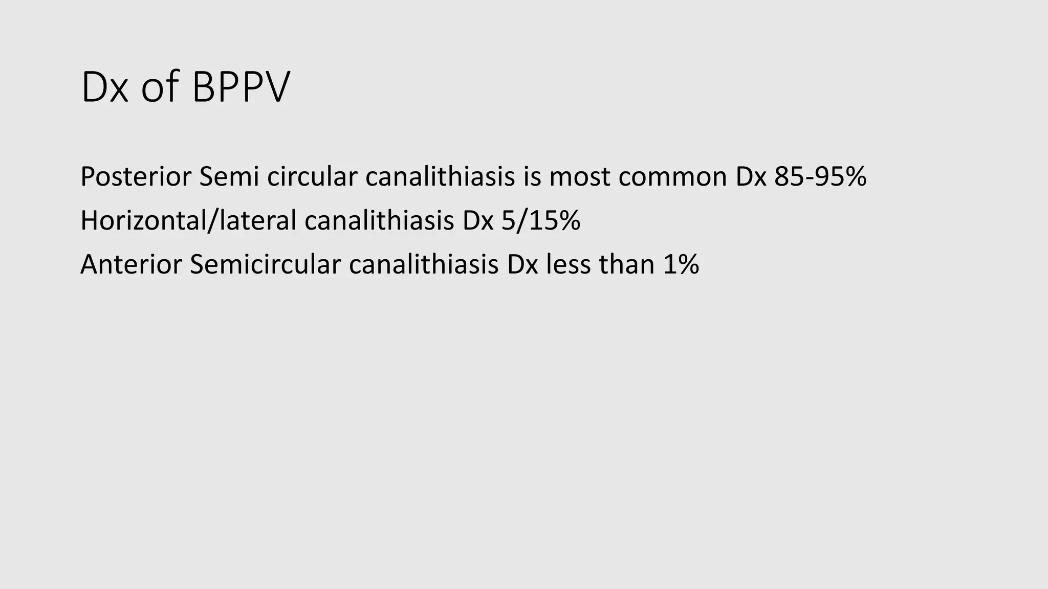 Dx of BPPV
Posterior Semi circular canalithiasis is most common Dx 85-95%
Horizontal/lateral canalithiasis Dx 5/15%
Anterior Semicircular canalithiasis Dx less than 1%
 