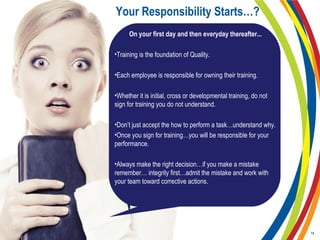 Your Responsibility Starts…?
On your first day and then everyday thereafter...
•Training is the foundation of Quality.
•Each employee is responsible for owning their training.
•Whether it is initial, cross or developmental training, do not
sign for training you do not understand.
•Don’t just accept the how to perform a task…understand why.
•Once you sign for training…you will be responsible for your
performance.
•Always make the right decision…if you make a mistake
remember… integrity first…admit the mistake and work with
your team toward corrective actions.
14
 
