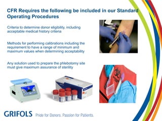 Criteria to determine donor eligibility, including
acceptable medical history criteria
Methods for performing calibrations including the
requirement to have a range of minimum and
maximum values when determining acceptability
Any solution used to prepare the phlebotomy site
must give maximum assurance of sterility
CFR Requires the following be included in our Standard
Operating Procedures
 