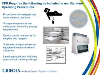 Presentation Title | Presenter’s Name | Date | BUSINESS USE ONLY
Procedures to investigate any
donor adverse reactions
Storage temperatures and
methods for controlling storage
temperatures
Quality control procedures for
supplies and reagents
Schedules and procedures for
equipment maintenance and
calibration
Labeling procedures, including
ways to avoid labeling mix-ups
CFR Requires the following be included in our Standard
Operating Procedures
 