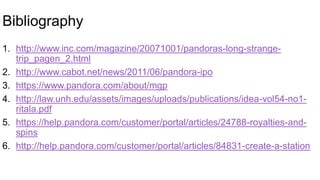 Bibliography
1. http://www.inc.com/magazine/20071001/pandoras-long-strange-
trip_pagen_2.html
2. http://www.cabot.net/news/2011/06/pandora-ipo
3. https://www.pandora.com/about/mgp
4. http://law.unh.edu/assets/images/uploads/publications/idea-vol54-no1-
ritala.pdf
5. https://help.pandora.com/customer/portal/articles/24788-royalties-and-
spins
6. http://help.pandora.com/customer/portal/articles/84831-create-a-station
 