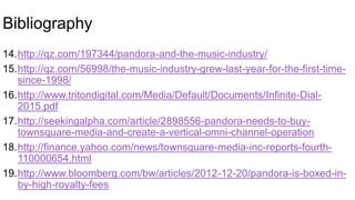 Bibliography
14.http://qz.com/197344/pandora-and-the-music-industry/
15.http://qz.com/56998/the-music-industry-grew-last-year-for-the-first-time-
since-1998/
16.http://www.tritondigital.com/Media/Default/Documents/Infinite-Dial-
2015.pdf
17.http://seekingalpha.com/article/2898556-pandora-needs-to-buy-
townsquare-media-and-create-a-vertical-omni-channel-operation
18.http://finance.yahoo.com/news/townsquare-media-inc-reports-fourth-
110000654.html
19.http://www.bloomberg.com/bw/articles/2012-12-20/pandora-is-boxed-in-
by-high-royalty-fees
 