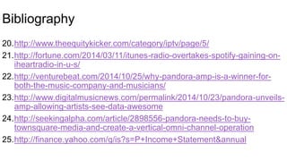Bibliography
20.http://www.theequitykicker.com/category/iptv/page/5/
21.http://fortune.com/2014/03/11/itunes-radio-overtakes-spotify-gaining-on-
iheartradio-in-u-s/
22.http://venturebeat.com/2014/10/25/why-pandora-amp-is-a-winner-for-
both-the-music-company-and-musicians/
23.http://www.digitalmusicnews.com/permalink/2014/10/23/pandora-unveils-
amp-allowing-artists-see-data-awesome
24.http://seekingalpha.com/article/2898556-pandora-needs-to-buy-
townsquare-media-and-create-a-vertical-omni-channel-operation
25.http://finance.yahoo.com/q/is?s=P+Income+Statement&annual
 