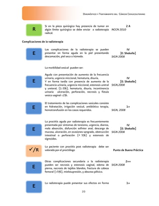 Diagnóstico y Tratamiento del Cáncer Cervicouterino
20
Si en la pieza quirúrgica hay presencia de tumor en
algún límite quirúrgico se debe enviar a radioterapia
radical.
2 A2 A2 A2 A
NCCN 2010
Complicaciones de la radioterapiaComplicaciones de la radioterapiaComplicaciones de la radioterapiaComplicaciones de la radioterapia
Las complicaciones de la radioterapia se pueden
presentar en forma aguda en la piel presentando
descamación, piel seca o húmeda.
IVIVIVIV
[E: Shekelle]E: Shekelle]E: Shekelle]E: Shekelle]
SIGN 2008
La morbilidad vesical pueden ser:
Aguda con presentación de aumento de la frecuencia
urinaria, urgencia miccional, hematuria, disuria,
Y en forma tardía con presencia de aumento de la
frecuencia urinaria, urgencia miccional, estenosis uretral
y ureteral, (1-3%), hematuria, disuria, incontinencia
urinaria ulceración, perforación, necrosis y fístula
vesico vaginal <2%.
IVIVIVIV
[E: Shekelle][E: Shekelle][E: Shekelle][E: Shekelle]
SIGN,2008
El tratamiento de las complicaciones vesicales consiste
en hidratación, irrigación vesical, antibiótico terapia,
hemotransfusión en los casos requeridos.
1+1+1+1+
SIGN, 2008
La proctitis aguda por radioterapia es frecuentemente
presentada por síntomas de tenesmo, urgencia, diarrea,
mala absorción, disfunción esfínter anal, descarga de
mucosa, ulceración, en ocasiones sangrado, obstrucción
˂intestinal o perforación ( 5%) y estenosis de
sigmoides.
IVIVIVIV
[E: Shekelle][E: Shekelle][E: Shekelle][E: Shekelle]
SIGN 2008
La paciente con proctitis post radioterapia debe ser
valorada por el proctólogo Punto dePunto dePunto dePunto de BBBBuenauenauenauena PPPPrácticarácticarácticaráctica
Otras complicaciones secundaria a la radioterapia
pueden ser necrosis y estenosis vaginal, edema de
pierna, necrosis de tejidos blandos, fractura de cabeza
femoral (<5%), mielosupresión, y absceso pélvico.
2++2++2++2++
SIGN 2008
La radioterapia puede presentar sus efectos en forma 1+1+1+1+
/R/R/R/R
RRRR
EEEE
EEEE
EEEE
EEEE
EEEE
EEEE
 