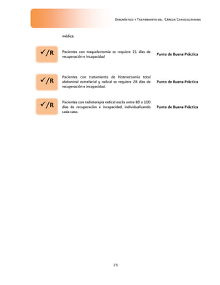Diagnóstico y Tratamiento del Cáncer Cervicouterino
25
médica.
Pacientes con traquelectomía se requiere 21 días de
recuperación e incapacidad
Punto dePunto dePunto dePunto de BBBBuenauenauenauena PPPPrácticarácticarácticaráctica
Pacientes con tratamiento de histerectomía total
abdominal extrafacial y radical se requiere 28 días de
recuperación e incapacidad.
Punto dePunto dePunto dePunto de BBBBuenauenauenauena PPPPrácticarácticarácticaráctica
Pacientes con radioterapia radical oscila entre 80 a 100
días de recuperación e incapacidad, individualizando
cada caso.
Punto dePunto dePunto dePunto de BBBBuenauenauenauena PPPPrácticarácticarácticaráctica
/R/R/R/R
/R/R/R/R
/R/R/R/R
 