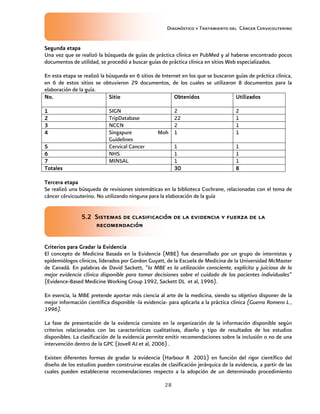 Diagnóstico y Tratamiento del Cáncer Cervicouterino
28
Segunda etapaSegunda etapaSegunda etapaSegunda etapa
Una vez que se realizó la búsqueda de guías de práctica clínica en PubMed y al haberse encontrado pocos
documentos de utilidad, se procedió a buscar guías de práctica clínica en sitios Web especializados.
En esta etapa se realizó la búsqueda en 6 sitios de Internet en los que se buscaron guías de práctica clínica,
en 6 de estos sitios se obtuvieron 29 documentos, de los cuales se utilizaron 8 documentos para la
elaboración de la guía.
No.No.No.No. SitioSitioSitioSitio ObtenidosObtenidosObtenidosObtenidos UtilizadosUtilizadosUtilizadosUtilizados
1111 SIGN 2 2
2222 TripDatabase 22 1
3333 NCCN 2 1
4444 Singapure Moh
Guidelines
1 1
5555 Cervical Cancer 1 1
6666 NHS 1 1
7777 MINSAL 1 1
TotalesTotalesTotalesTotales 30303030 8888
Tercera etapaTercera etapaTercera etapaTercera etapa
Se realizó una búsqueda de revisiones sistemáticas en la biblioteca Cochrane, relacionadas con el tema de
cáncer cérvicouterino. No utilizando ninguna para la elaboración de la guía
5555.2 Sistemas de clasificación de la evidencia y fuerza de la.2 Sistemas de clasificación de la evidencia y fuerza de la.2 Sistemas de clasificación de la evidencia y fuerza de la.2 Sistemas de clasificación de la evidencia y fuerza de la
recomendaciónrecomendaciónrecomendaciónrecomendación
Criterios para Gradar la EvidenciaCriterios para Gradar la EvidenciaCriterios para Gradar la EvidenciaCriterios para Gradar la Evidencia
El concepto de Medicina Basada en la Evidencia (MBE) fue desarrollado por un grupo de internistas y
epidemiólogos clínicos, liderados por Gordon Guyatt, de la Escuela de Medicina de la Universidad McMaster
de Canadá. En palabras de David Sackett, “la MBE es la utilización consciente, explícita y juiciosa de la
mejor evidencia clínica disponible para tomar decisiones sobre el cuidado de los pacientes individuales”
(Evidence-Based Medicine Working Group 1992, Sackett DL et al, 1996).
En esencia, la MBE pretende aportar más ciencia al arte de la medicina, siendo su objetivo disponer de la
mejor información científica disponible -la evidencia- para aplicarla a la práctica clínica (Guerra Romero L ,
1996).
La fase de presentación de la evidencia consiste en la organización de la información disponible según
criterios relacionados con las características cualitativas, diseño y tipo de resultados de los estudios
disponibles. La clasificación de la evidencia permite emitir recomendaciones sobre la inclusión o no de una
intervención dentro de la GPC (Jovell AJ et al, 2006) .
Existen diferentes formas de gradar la evidencia (Harbour R 2001) en función del rigor científico del
diseño de los estudios pueden construirse escalas de clasificación jerárquica de la evidencia, a partir de las
cuales pueden establecerse recomendaciones respecto a la adopción de un determinado procedimiento
 