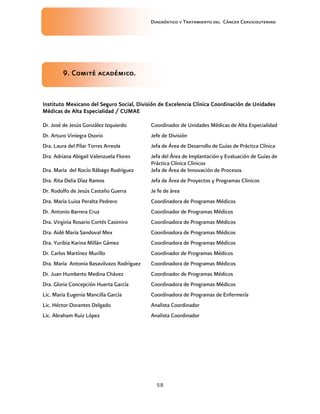 Diagnóstico y Tratamiento del Cáncer Cervicouterino
58
9. Comité académico.9. Comité académico.9. Comité académico.9. Comité académico.
Instituto Mexicano del Seguro Social, División de Excelencia Clínica Coordinación de UnidadesInstituto Mexicano del Seguro Social, División de Excelencia Clínica Coordinación de UnidadesInstituto Mexicano del Seguro Social, División de Excelencia Clínica Coordinación de UnidadesInstituto Mexicano del Seguro Social, División de Excelencia Clínica Coordinación de Unidades
Médicas de Alta Especialidad / CUMAEMédicas de Alta Especialidad / CUMAEMédicas de Alta Especialidad / CUMAEMédicas de Alta Especialidad / CUMAE
Dr. José de Jesús González Izquierdo Coordinador de Unidades Médicas de Alta Especialidad
Dr. Arturo Viniegra Osorio Jefe de División
Dra. Laura del Pilar Torres Arreola Jefa de Área de Desarrollo de Guías de Práctica Clínica
Dra. Adriana Abigail Valenzuela Flores Jefa del Área de Implantación y Evaluación de Guías de
Práctica Clínica Clínicos
Dra. María del Rocío Rábago Rodríguez Jefa de Área de Innovación de Procesos
Dra. Rita Delia Díaz Ramos Jefa de Área de Proyectos y Programas Clínicos
Dr. Rodolfo de Jesús Castaño Guerra Je fe de área
Dra. María Luisa Peralta Pedrero Coordinadora de Programas Médicos
Dr. Antonio Barrera Cruz Coordinador de Programas Médicos
Dra. Virginia Rosario Cortés Casimiro Coordinadora de Programas Médicos
Dra. Aidé María Sandoval Mex Coordinadora de Programas Médicos
Dra. Yuribia Karina Millán Gámez Coordinadora de Programas Médicos
Dr. Carlos Martínez Murillo Coordinador de Programas Médicos
Dra. María Antonia Basavilvazo Rodríguez Coordinadora de Programas Médicos
Dr. Juan Humberto Medina Chávez Coordinador de Programas Médicos
Dra. Gloria Concepción Huerta García Coordinadora de Programas Médicos
Lic. María Eugenia Mancilla García Coordinadora de Programas de Enfermería
Lic. Héctor Dorantes Delgado Analista Coordinador
Lic. Abraham Ruiz López Analista Coordinador
 