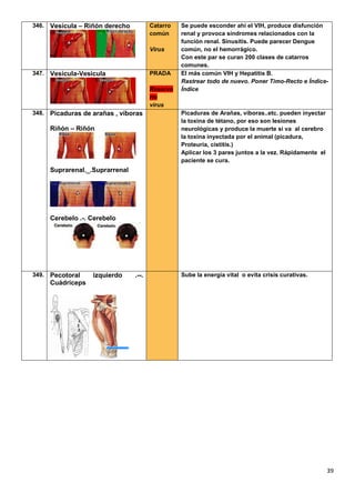39
346. Vesícula – Riñón derecho Catarro
común
Virus
Se puede esconder ahí el VIH, produce disfunción
renal y provoca síndromes relacionados con la
función renal. Sinusitis. Puede parecer Dengue
común, no el hemorrágico.
Con este par se curan 200 clases de catarros
comunes.
347. Vesicula-Vesicula PRADA
Reservo
rio
virus
El más común VIH y Hepatitis B.
Rastrear todo de nuevo. Poner Timo-Recto e Índice-
Índice
348. Picaduras de arañas , víboras
Riñón – Riñón
Suprarenal._.Suprarrenal
Cerebelo .-. Cerebelo
Picaduras de Arañas, víboras..etc. pueden inyectar
la toxina de tétano, por eso son lesiones
neurológicas y produce la muerte si va al cerebro
la toxina inyectada por el animal (picadura,
Proteuria, cistitis.)
Aplicar los 3 pares juntos a la vez. Rápidamente el
paciente se cura.
349. Pecotoral izquierdo .--.
Cuádriceps
Sube la energía vital o evita crisis curativas.
 