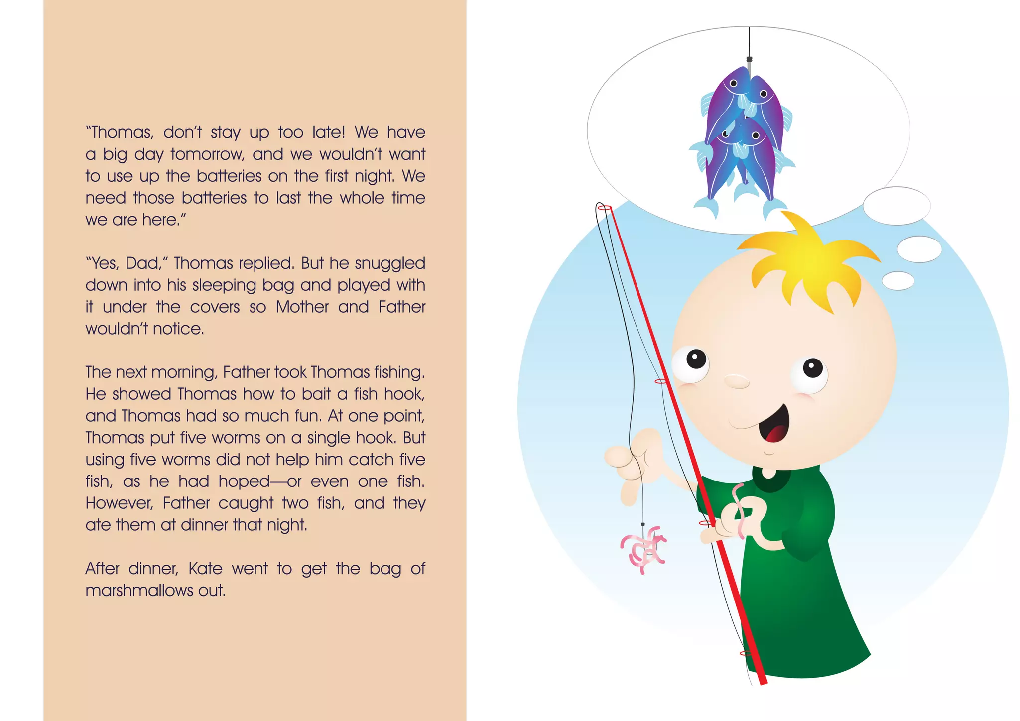 “Thomas, don’t stay up too late! We have
a big day tomorrow, and we wouldn’t want
to use up the batteries on the first night. We
need those batteries to last the whole time
we are here.”
“Yes, Dad,” Thomas replied. But he snuggled
down into his sleeping bag and played with
it under the covers so Mother and Father
wouldn’t notice.
The next morning, Father took Thomas fishing.
He showed Thomas how to bait a fish hook,
and Thomas had so much fun. At one point,
Thomas put five worms on a single hook. But
using five worms did not help him catch five
fish, as he had hoped—or even one fish.
However, Father caught two fish, and they
ate them at dinner that night.
After dinner, Kate went to get the bag of
marshmallows out.
 