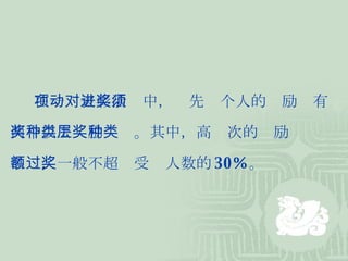 在一项表彰活动中，对先进个人的奖励须有 两个以上奖励种类。其中，高层次的奖励种类 名额，一般不超过受奖人数的 30% 。 
