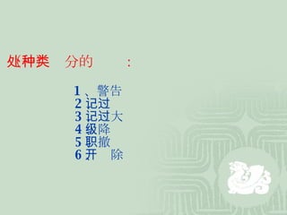 （一）处分的种类： 1 、警告 2 、记过 3 、记大过 4 、降级 5 、撤职 6 、开除 