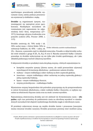 Projekt „Model systemu wdrażania i upowszechniania kształcenia na odległość w uczeniu się przez całe życie”
Projekt współfinansowany ze środków Unii Europejskiej w ramach Europejskiego Funduszu Społecznego
Surowce cukiernicze
8
spulchniające powodowały jednolite wy-
rastanie ciasta, należy podczas przesiewa-
nia wymieszać je dokładnie z mąką.
Drożdże są organizmami żywymi, roz-
mnażającymi się najczęściej przez pącz-
kowanie. Niezbędnym warunkiem ich
rozmnażania jest zapewnienie im odpo-
wiedniej ilości tlenu, temperatury (27–
35°C), kwaśnego odczynu środowiska oraz
pożywki (cukier) (Flis, Procner 2000, s.
115).
Drożdże zawierają ok. 70% wody i ok.
30% suchej masy, z której blisko 50% to
substancje białkowe, ok. 40% – cukry, ok.
2% – tłuszcze, a pozostała część to składniki mineralne. Ponadto w skład drożdży wcho-
dzi wiele witamin z grupy B (B1, B2, B6), H oraz E. Wysoka zawartość białka i witamin
powoduje, że drożdże wykorzystuje się nie tylko jako środek spulchniający, ale i jako
składnik podnoszący wartość odżywczą wyrobów.
O aktywności drożdży w produkcji ciasta decydują enzymy, z których najważniejsze to:
 kompleks enzymów zymazy (dawna nazwa, ale nadal powszechnie używana)
wywołujących fermentację alkoholową – podstawowe zadanie drożdży,
 maltaza – enzym rozkładający cukier maltozę na dwie cząsteczki glukozy,
 inwertaza – enzym rozkładający cukier sacharozę na jedną cząsteczkę glukozy i
jedną cząsteczkę fruktozy,
 lipaza – enzym rozkładający tłuszcze,
 enzymy proteolityczne – rozkładające białko.
Wymienione enzymy bezpośrednio lub pośrednio przyczyniają się do przeprowadzenia
w cieście fermentacji alkoholowej, a także rozkładu białka i tłuszczów, co wpływa wy-
raźnie na właściwości fizyczne ciasta oraz na smak i aromat wyrobów.
Najważniejszą właściwością drożdży jest ich zdolność do fermentowania ciasta – siła
pędna, czyli czas potrzebny do podniesienia ciasta na określoną wysokość w standar-
dowych warunkach lub objętość wydzielonego dwutlenku węgla w określonym czasie.
W produkcji cukierniczej stosuje się zwykle drożdże świeże i prasowane (awaryjnie
można stosować drożdże suszone). Drożdże prasowane powinny mieć możliwie jasną,
 