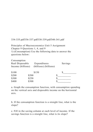 334-335.pdf336-337.pdf338-339.pdf340-341.pdf
Principles of Macroeconomics Unit 5 Assignment
Chapter 9 Questions 1, 4, and 9
1) (Consumption) Use the following data to answer the
questions below:
Consumption
Real Disposable Expenditures Savings
Income (billions) (billions) (billions)
$100 $150 $__________
$200 $200 $__________
$300 $250 $__________
$400 $300 $__________
a. Graph the consumption function, with consumption spending
on the vertical axis and disposable income on the horizontal
axis.
b. If the consumption function is a straight line, what is the
slope?
c. Fill in the saving column at each level of income. If the
savings function is a straight line, what is its slope?
 