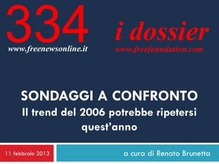 334
 www.freenewsonline.it
                         i dossier
                         www.freefoundation.com




     SONDAGGI A CONFRONTO
      Il trend del 2006 potrebbe ripetersi
                   quest’anno

11 febbraio 2013           a cura di Renato Brunetta
 
