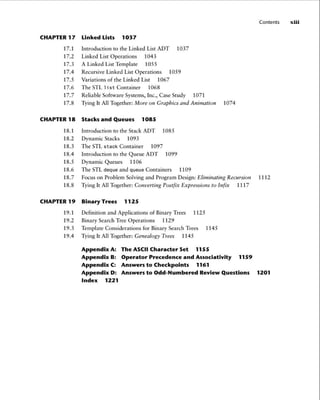CHAPTER 17 Linked Lists 1037
17.1 Introduction to the Linked List ADT 1037
17.2 Linked List Operations 1043
17.3 A Linked List Template 1055
17.4 Recursive Linked List Operations 1059
17.5 Variations of the Linked List 1067
17.6 The STL list Container 1068
17.7 Reliable Software Systems, Inc., Case Study 1071
17.8 Tying It All Together: More on Graphics and Animation 1074
CHAPTER 18 Stacks and Queues 1085
18.1 Introduction to the Stack ADT 1085
18.2 Dynamic Stacks 1093
18.3 The STL stack Container 1097
18.4 Introduction to the Queue ADT 1099
18.5 Dynamic Queues 1106
18.6 The STL deque and queue Containers 1109
18.7
18.8
Focus on Problem Solving and Program Design: Eliminating Recursion
Tying It All Together: Converting Postfix Expressions to Infix 1117
CHAPTER 19 Binary Trees 1125
19.1 Definition and Applications of Binary Trees 1125
19.2 Binary Search Tree Operations 1129
19.3 Template Considerations for Binary Search Trees 1145
19.4 Tying It All Together: Genealogy Trees 1145
Appendix A: The ASCII Character Set 1155
Appendix B: Operator Precedence and Associativity 1159
Appendix C: Answers to Checkpoints 1161
Contents xiii
1112
Appendix D: Answers to Odd -Numbered Review Questions 1201
Index 1221
 