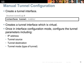 14© 2007 – 2010, Cisco Systems, Inc. All rights reserved. Cisco Public
Manual Tunnel Configuration
 Create a tunnel interface.
Router(config)#
interface tunnel number
 Creates a tunnel interface which is virtual.
 Once in interface configuration mode, configure the tunnel
parameters including:
• IP address
• Tunnel source
• Tunnel destination
• Tunnel mode (type of tunnel)
 