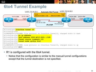 30© 2007 – 2010, Cisco Systems, Inc. All rights reserved. Cisco Public
6to4 Tunnel Example
 R1 is configured with the 6to4 tunnel.
 Notice that the configuration is similar to the manual tunnel configurations
except that the tunnel destination is not specified.
R1(config)# interface tunnel 12
R1(config-if)#
%LINEPROTO-5-UPDOWN: Line protocol on Interface Tunnel12, changed state to down
R1(config-if)# no ip address
R1(config-if)# ipv6 address 2002:AC10:6501::/128
R1(config-if)# tunnel source loopback 101
R1(config-if)# tunnel mode ipv6ip 6to4
R1(config-if)#
%LINEPROTO-5-UPDOWN: Line protocol on Interface Tunnel12, changed state to up
R1(config-if)# exit
S0/1/0
S0/1/0
R1 R2
Fa0/0
13:13::1/64
R3
Fa0/0
13:13::3/64 24:24::4/64
R4
Fa0/0
24:24::2/64
Fa0/0
Lo101: 172.16.101.1 Lo102: 172.16.102.1
172.16.12.1/24
172.16.12.2/24
Automatic 6to4 Tunnel
Tu12
2002:AC10:6501::/128
Tu12
2002:AC10:6601::/128
IPv4 RIP
 