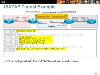 38© 2007 – 2010, Cisco Systems, Inc. All rights reserved. Cisco Public
ISATAP Tunnel Example
 R2 is configured with the ISATAP tunnel and a static route.
R2(config)# interface tunnel 12
R2(config-if)#
%LINEPROTO-5-UPDOWN: Line protocol on Interface Tunnel12, changed state to down
R2(config-if)# no ip address
R2(config-if)# ipv6 address 12:12::/64 eui-64
R2(config-if)# tunnel source loopback 102
R2(config-if)# tunnel mode ipv6ip isatap
R2(config-if)# exit
%LINEPROTO-5-UPDOWN: Line protocol on Interface Tunnel12, changed state to up
R2(config)# ipv6 route 13::/64 tunnel12 FE80::5EFE:AC10:6501
R2(config)#
S0/1/0
S0/1/0
R1 R2
Fa0/0
13:13::1/64
R3
Fa0/0
13:13::3/64 24:24::4/64
R4
Fa0/0
24:24::2/64
Fa0/0
Lo101: 172.16.101.1 Lo102: 172.16.102.1
172.16.12.1/24
172.16.12.2/24
Automatic ISATAP Tunnel
Tu12
12:12::5EFE:AC10:6501
Tu12
12:12::5EFE:AC10:6601
IPv4 RIP
 